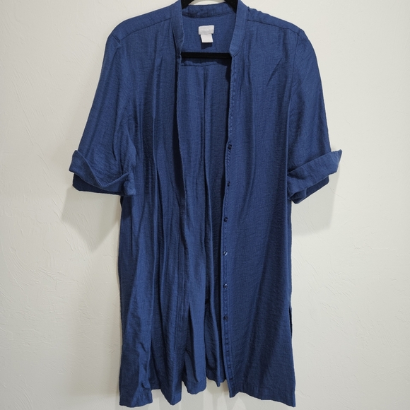 Chico's Size 2 | Large Button Front Shirt Dress Blue Rayon Linen Blend - Picture 3 of 13